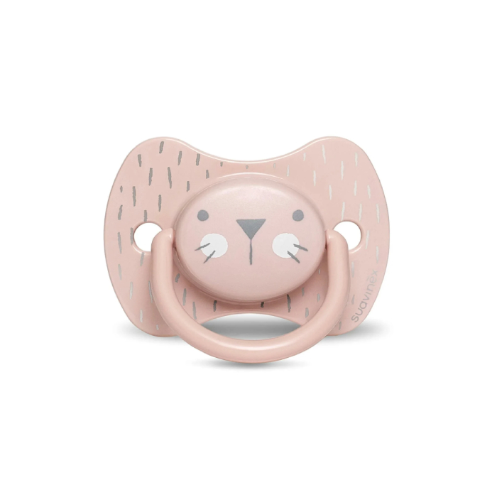 

Пустышка Suavinex Hugge Baby "Розовый зайка с крапинками", физиологическая силиконовая, 18-36 мес