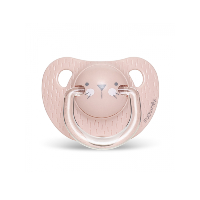 

Пустышка Suavinex Hugge Baby "Розовый зайка", анатомическая силиконовая, 18-36 мес