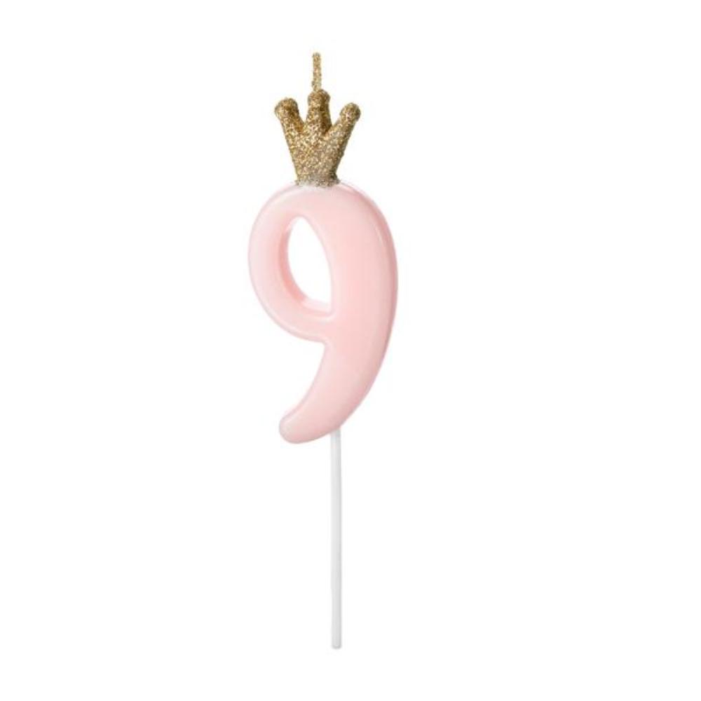 Свеча-цифра Party Deco "9", розовая с короной - фото №1