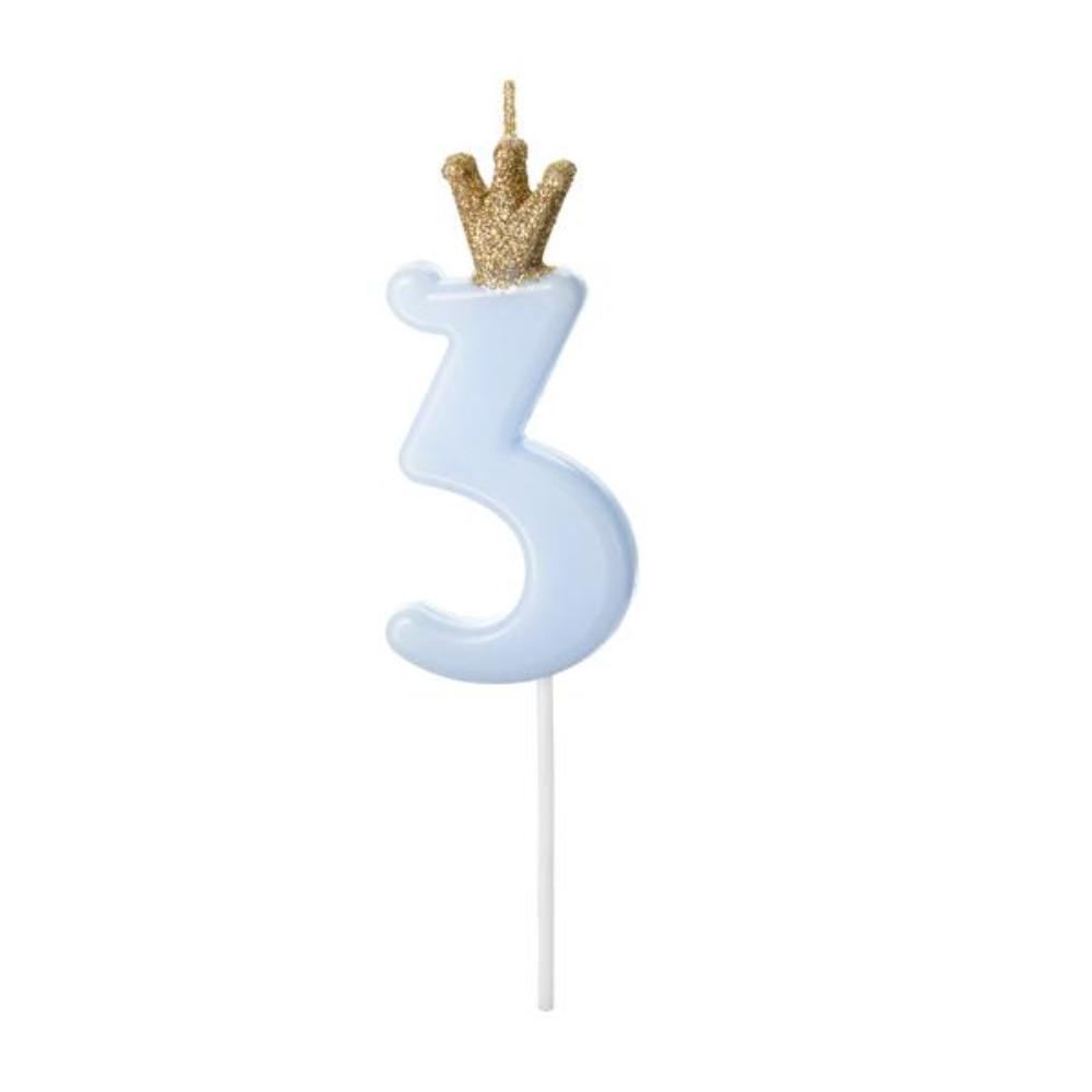 Свеча-цифра Party Deco "3", голубая с короной - фото №1