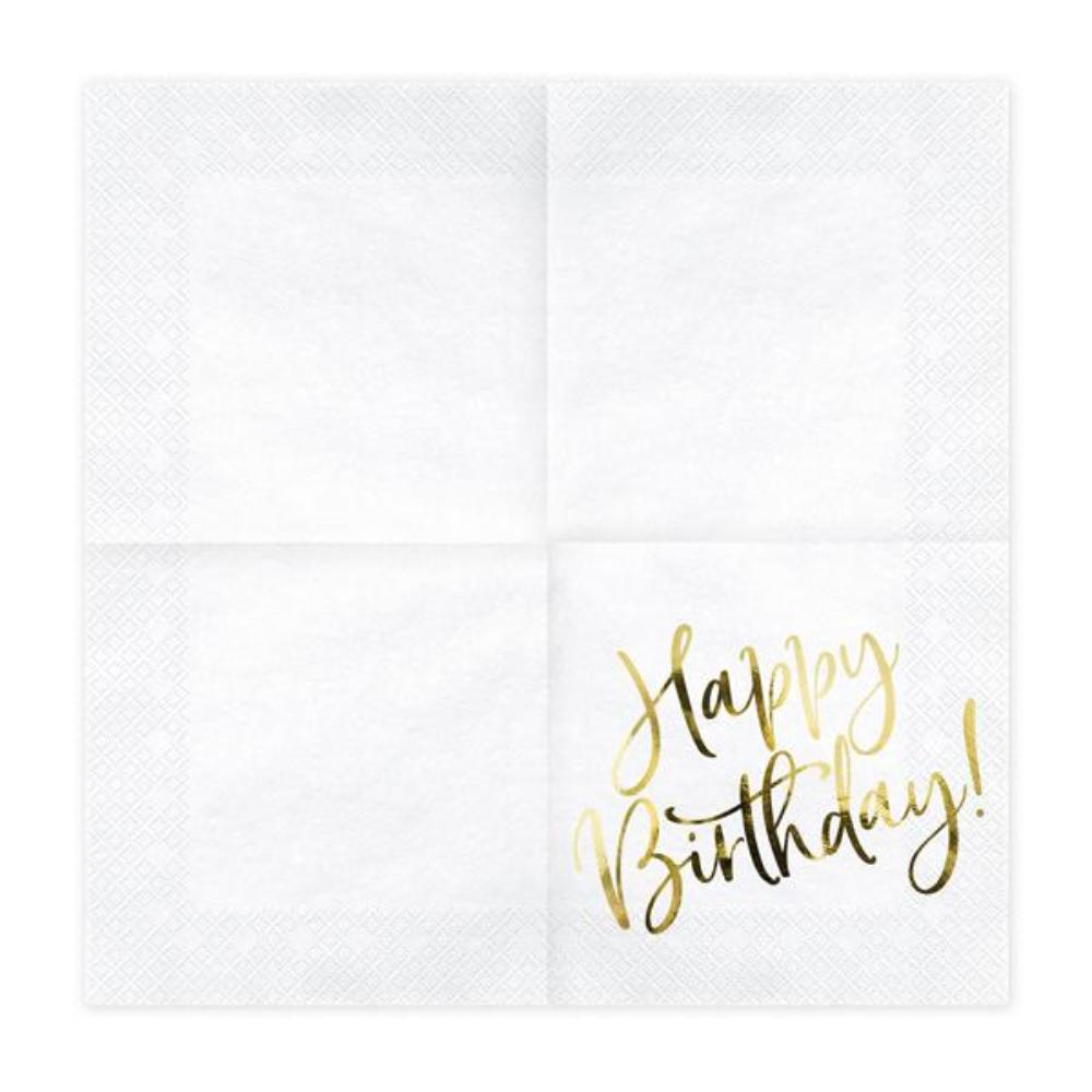 Салфетки Party Deco "Happy Birthday", белые с золотом, 20 шт