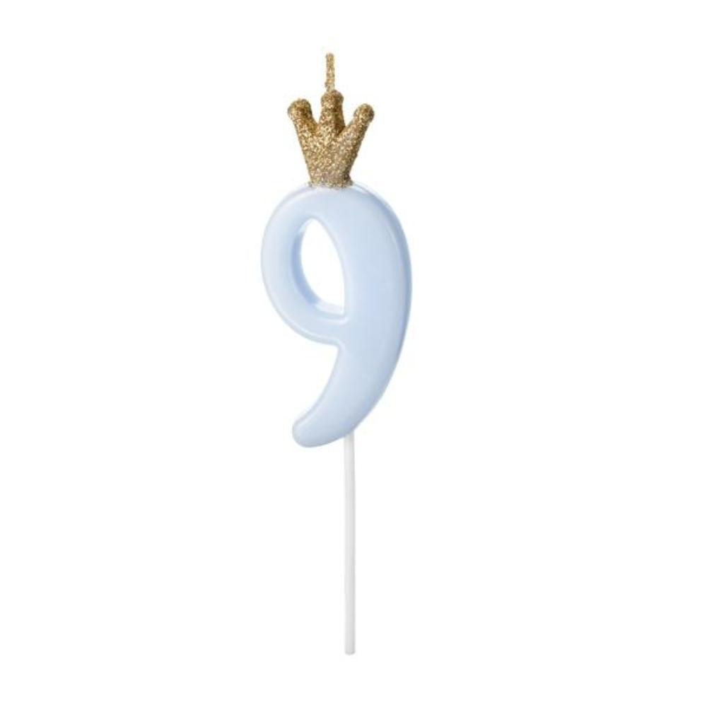 Свеча-цифра Party Deco "9", голубая с короной - фото №1