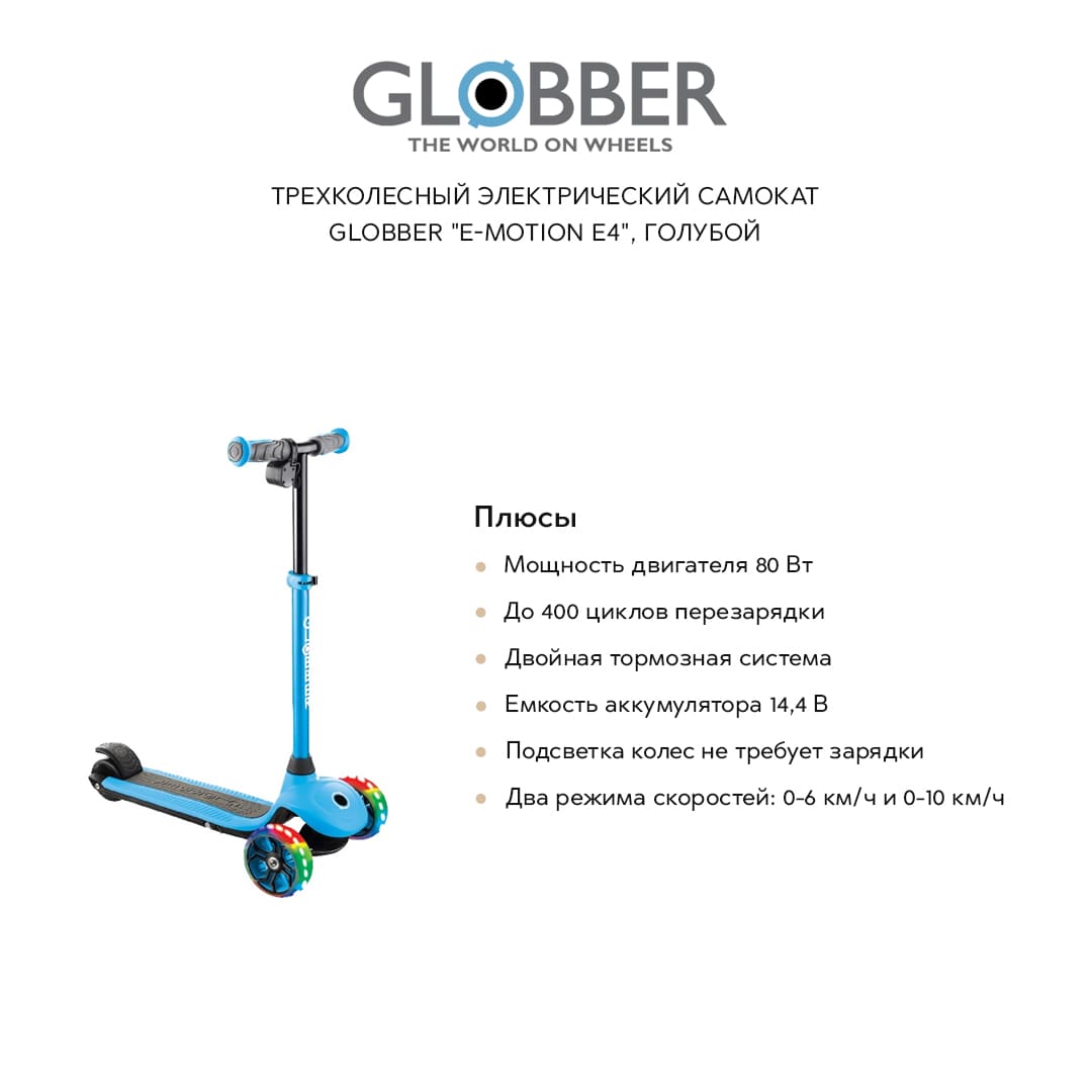 Трехколесный электрический самокат GLOBBER "E-motion E4", голубой - фото №5