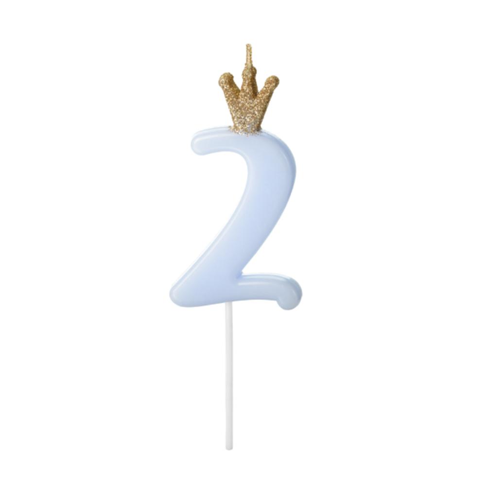 Свеча-цифра Party Deco "2", голубая с короной - фото №1