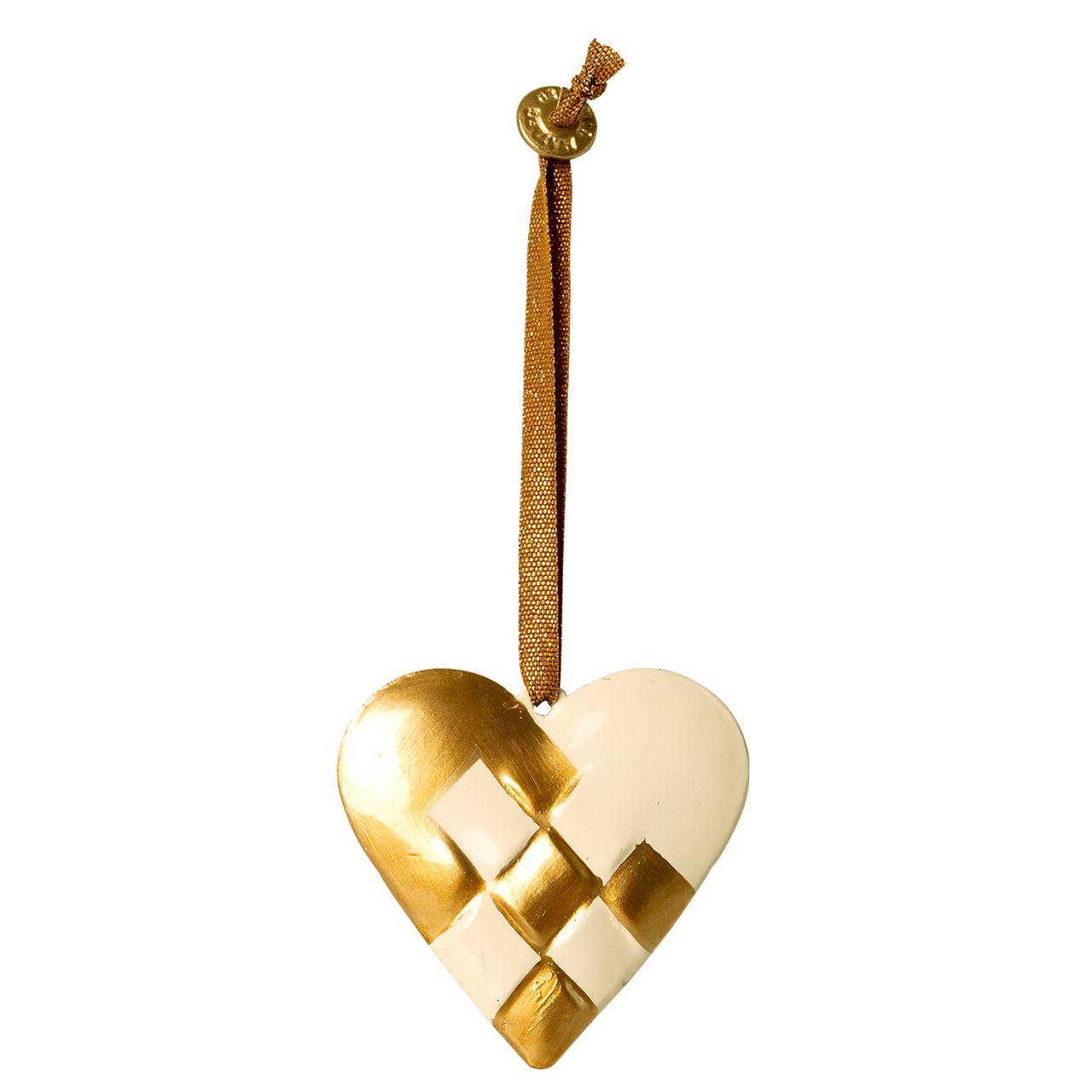 Металлическая елочная игрушка "Плетеное сердце", золотое, '21