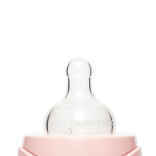 Бутылка Suavinex Hugge Baby "Розовый зайка с крапинками", с круглой силикиновой соской, стекло, 240
