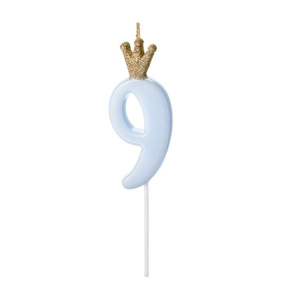 Свеча-цифра Party Deco "9", голубая с короной
