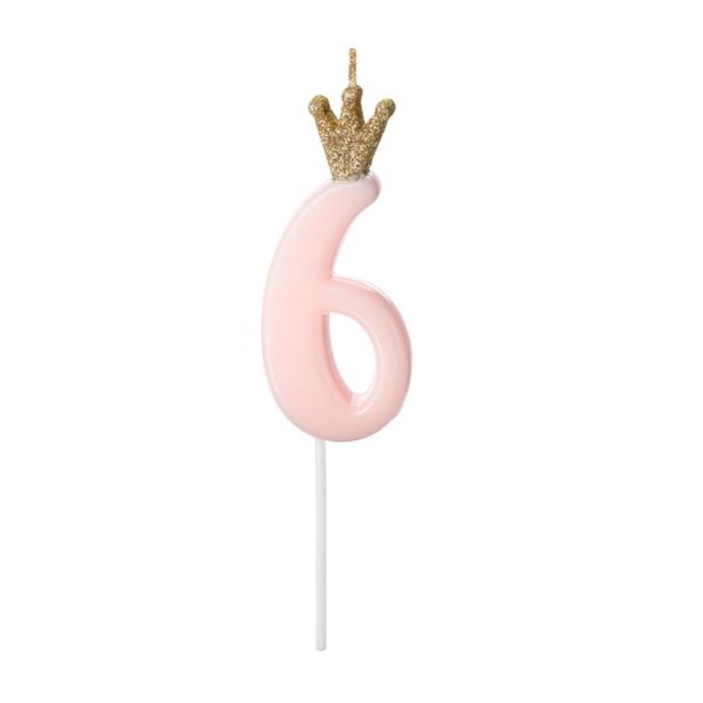 Свеча-цифра Party Deco "6", розовая с короной - фото №1