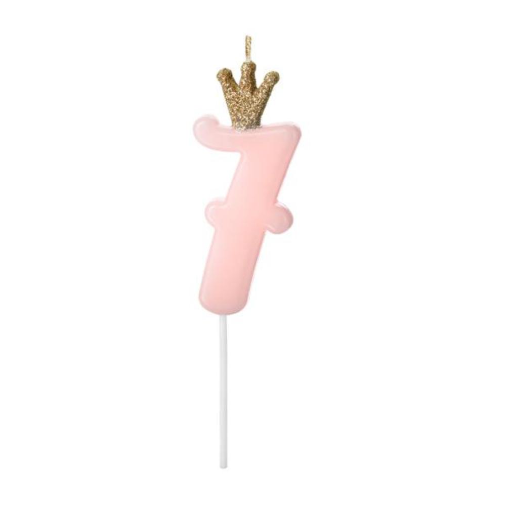 Свеча-цифра Party Deco "7", розовая с короной - фото №1