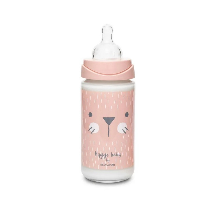 

Бутылка Suavinex Hugge Baby "Розовый зайка с крапинками", с круглой силиконовой соской, стекло, 240