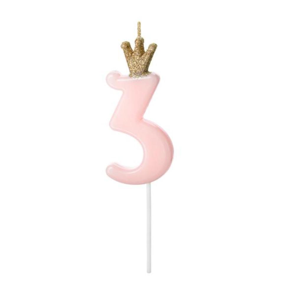 Свеча-цифра Party Deco "3", розовая с короной - фото №1