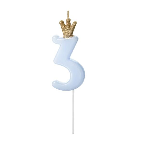 Свеча-цифра Party Deco "3", голубая с короной