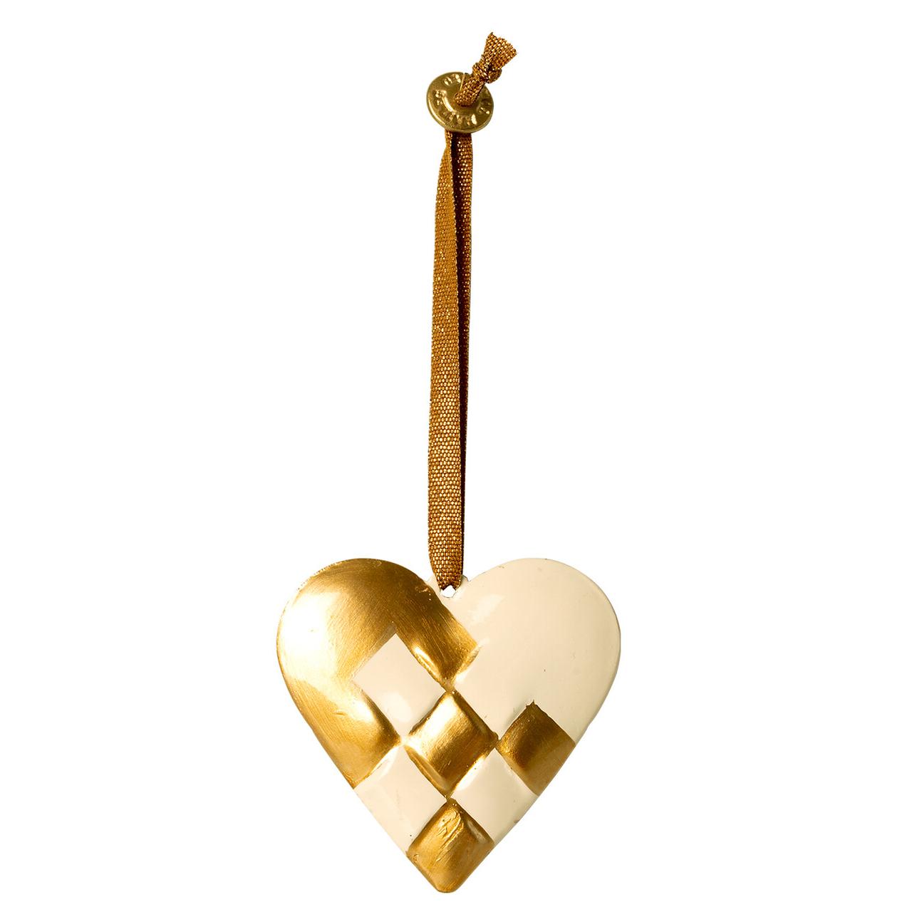 Металлическая елочная игрушка "Плетеное сердце", золотое, '21