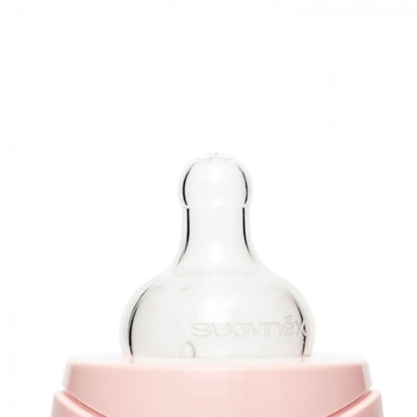 Бутылка Suavinex Hugge Baby "Розовый зайка с крапинками", с круглой силикиновой соской, стекло, 240 - фото №1
