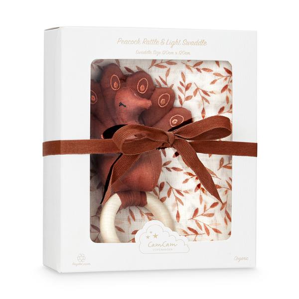 Подарочный набор для новорожденного Cam Cam Copenhagen, пеленка и погремушка на кольце Павлин, карам