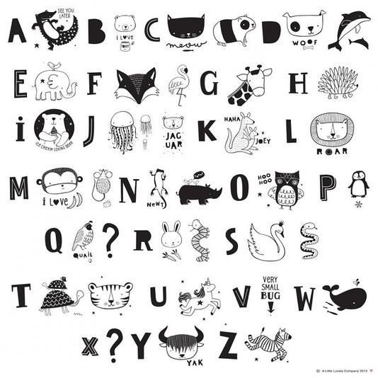 Набор символов и букв для лайтбокса A Little Lovely Company, черный алфавит с животными