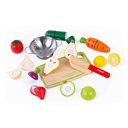 Набор фруктов и овощей Janod, с дуршлагом и деревянным ножом в ящике