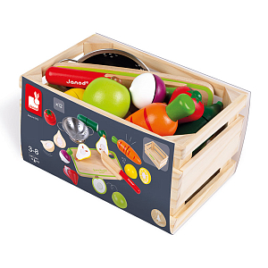 Набор фруктов и овощей Janod, с дуршлагом и деревянным ножом в ящике