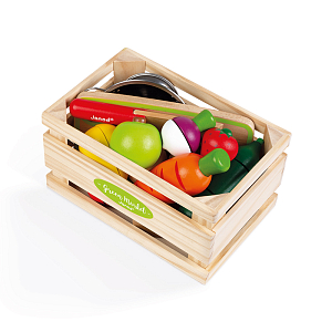 Набор фруктов и овощей Janod, с дуршлагом и деревянным ножом в ящике