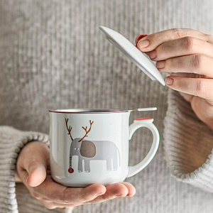 Кружка с крышкой Bloomingville "Valentin", молочная с красным, 300 мл