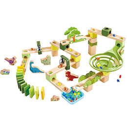 Деревянный конструктор Hape "Эффект домино", приключения динозавров, с шариками и фигурками