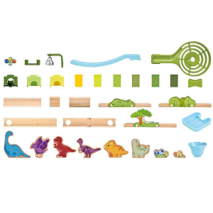 Деревянный конструктор Hape "Эффект домино", приключения динозавров, с шариками и фигурками