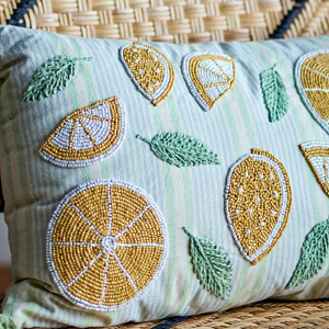 Подушка декоративная Bloomingville "Lemon", салатовая с лимонным, 50 х 35 см