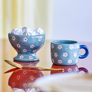Миска керамическая Bloomingville "Nini", бирюзовая с цветами, 170 мл