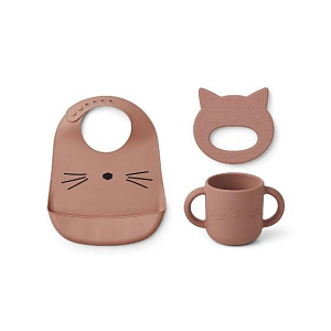 Набор для новорожденного LIEWOOD: нагрудник, кружка с ручками, грызунок, темно-розовый