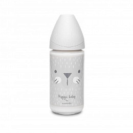 Бутылка Suavinex "Серый зайка с крапинками", с круглой силиконовой соской, стекло, 240 мл