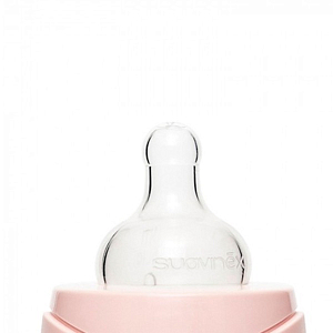 Бутылка Suavinex "Розовый зайка с крапинками", с круглой силиконовой соской, стекло, 240