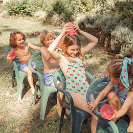 Купальник плюшевый с рюшами Piupiuchick "Terry Red Bows", банты на голубом