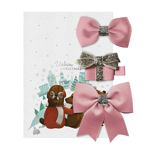 Набор заколок A255 "Бантики и подарок", коллекция "Urban Christmas",кварцевый розовый с серебристым