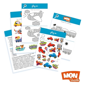 Игровой набор MON "2-3 элемента. Едем, плаваем, летим": пазлы и карточки с заданиями